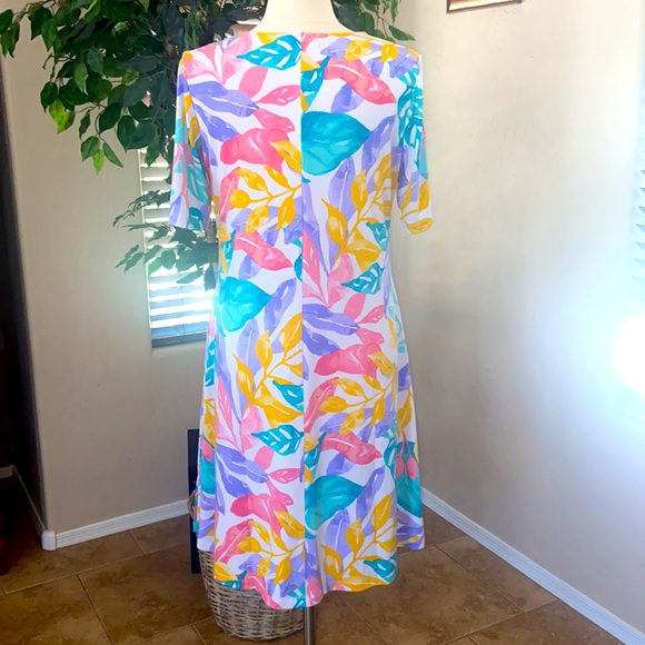 Susan Graver Regular Liquid Knit Fit & Flare Dress ~ Multi Tropical - Picture 3 of 6